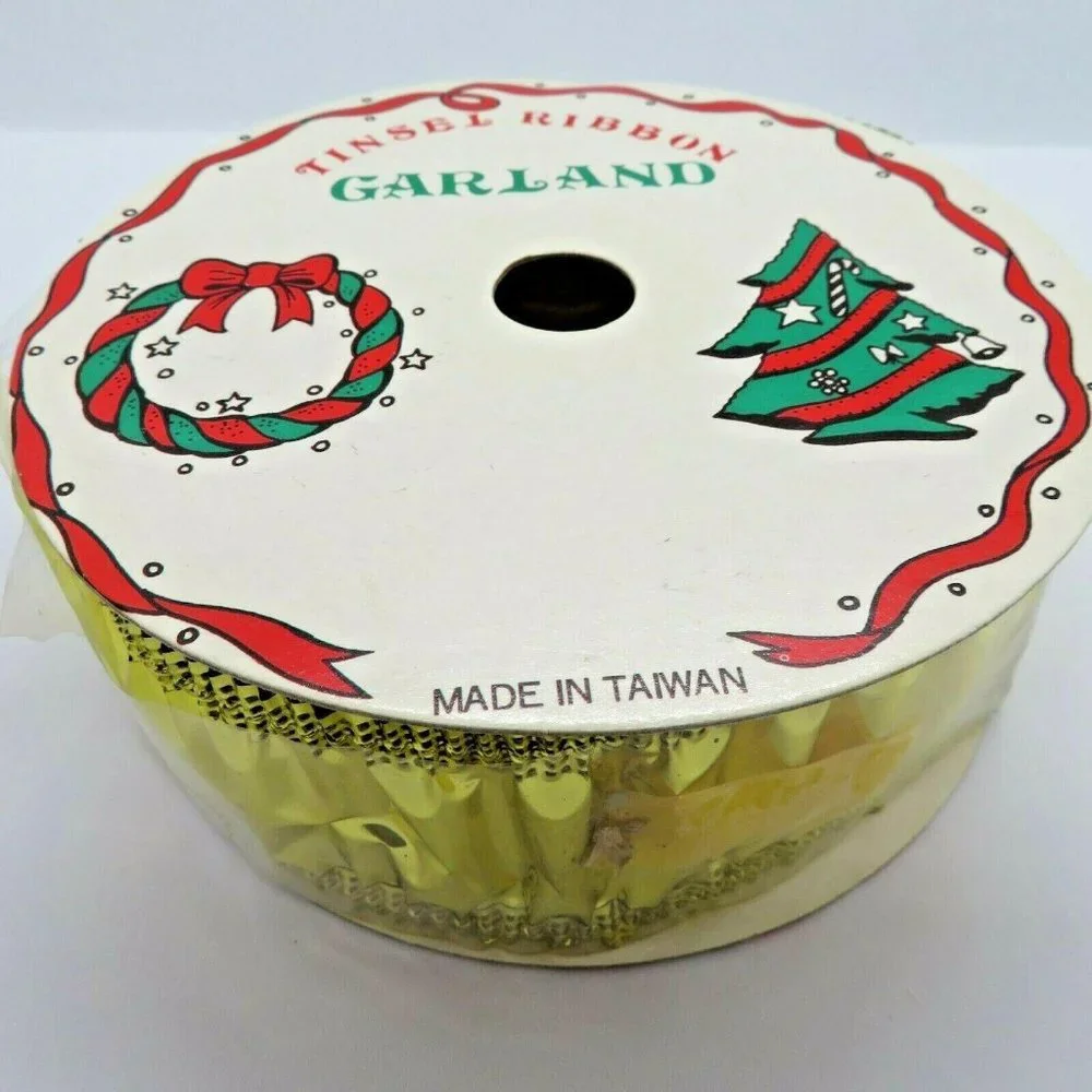 Vintage Gold Tinsel Ribbon Garland 2 inch Width 25 feet Length Taiwan Sealed